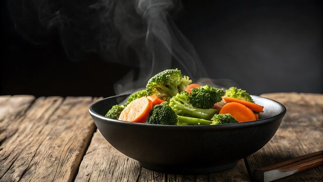 Steaming bowl of freshly cooked broccoli and carrots on a rustic wooden table