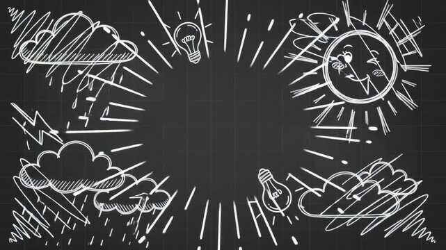 Hand-drawn chalk doodles and weather icons animating on dark chalkboard background, stop motion style.