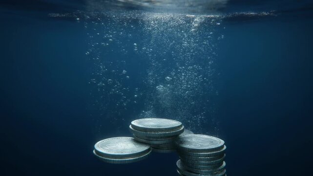 金貨の階段が水中へ沈む資産下落動画