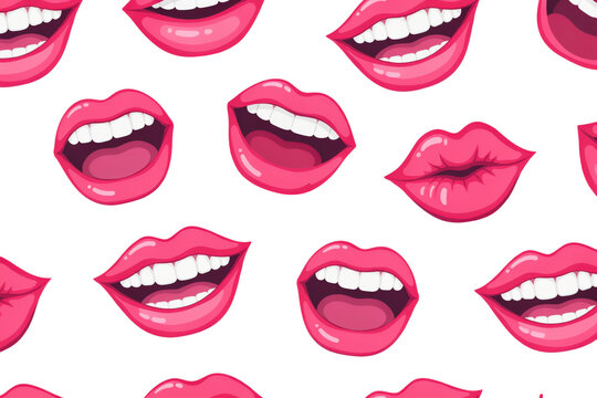 Seamless pattern featuring cartoon pink lips with white teeth smiling and pouting expressions isolated on a transparent background