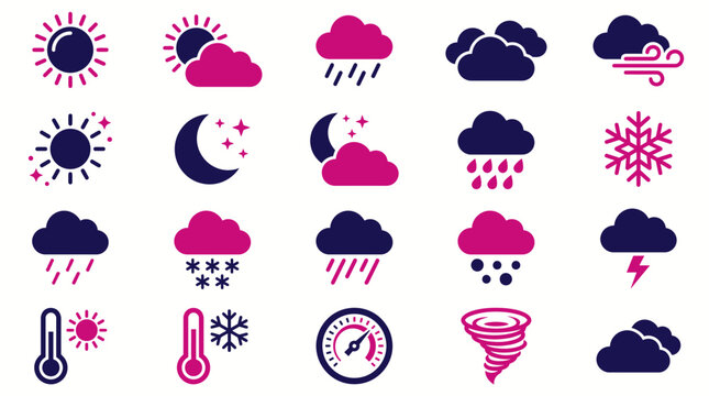 Weather forecast vector icons and climate symbols showing atmospheric conditions, temperature changes and seasonal elements, concept for mobile app interface and meteorological report
