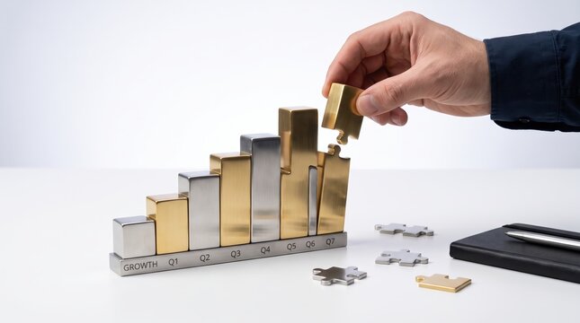 Hand placing golden puzzle piece on growing bar chart, business growth strategy, financial success, quarterly progress, problem solving, achievement, investment return concept