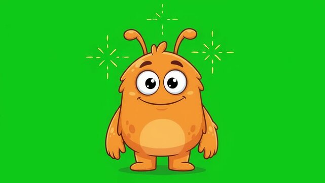 Friendly orange cartoon monster waving hand and smiling, isolated on green screen