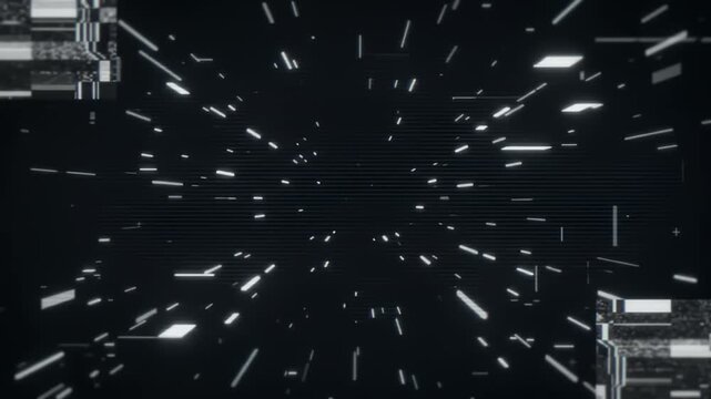 Digital glitch and data corruption flickering on dark screen, fast motion