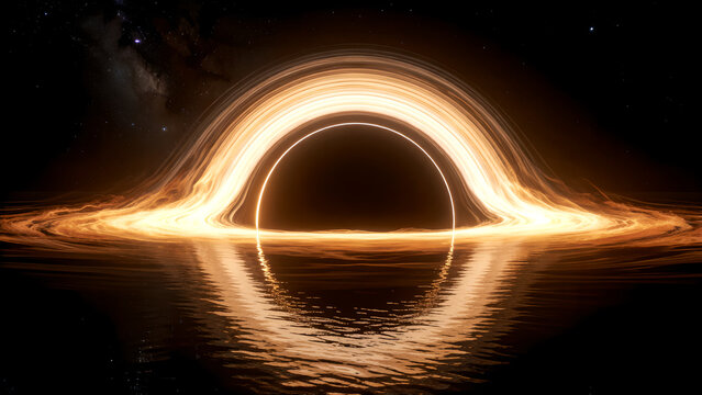 A cinematic visualization of a supermassive black hole with an accretion disk reflected in calm water.