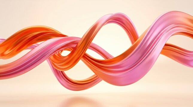 Abstract 3D wavy ribbons in pink and orange, glossy fluid shapes twisting elegantly, modern minimalist background, creative design element, vibrant colors, smooth texture