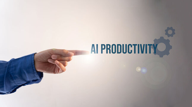 Hand touches floating text 'AI Productivity' with gear icons