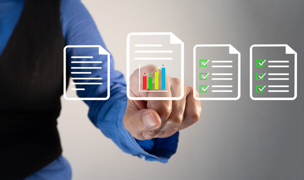 Professional hand taps on virtual icons: files, graph, and completed tasks