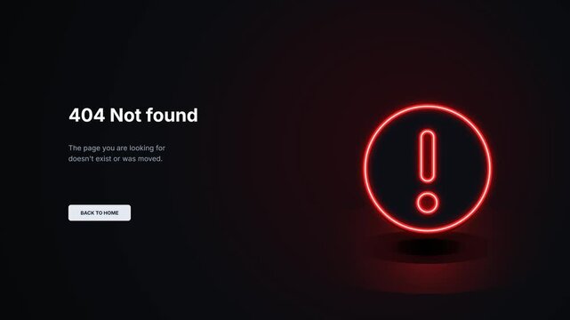 404 not found error page loading animation. Glowing neon exclamation mark web icon. Page missing UI template layout. Back to home navigation button component. Cyberpunk dark theme.