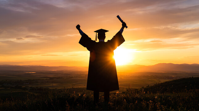 Silhouette of a successful university graduate student celebrating graduation with arms raised holding a diploma at sunset over a scenic landscape horizon