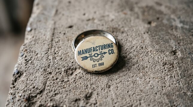 Vintage manufacturing company button badge resting on rough concrete surface, featuring industrial gear logo and established date, symbolizing factory heritage and production history.