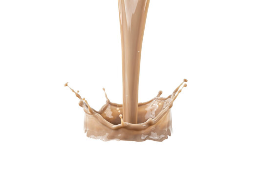 Thick creamy chocolate milk pouring down creating a circular crown splash isolated on a transparent background