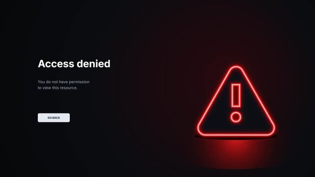 Access denied screen. Cybersecurity error interface. Permission restriction warning. Digital access control. Glowing neon alert icon. Dark futuristic UI. Security animation