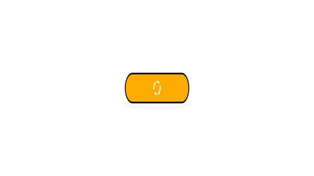 Yellow rounded rectangular button with a circular arrow icon on a plain white background.