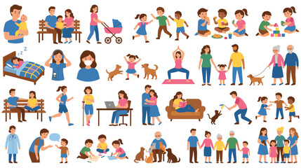 Fototapeta premium Diverse group of people enjoying various family activities and daily life scenes.