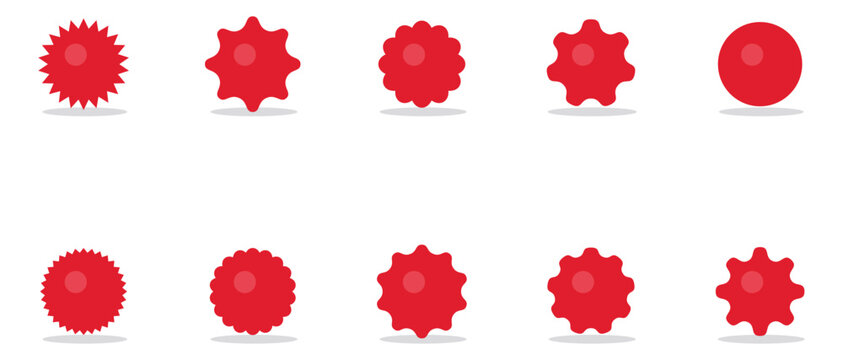 Set of red blood cells with different shapes and levels of crenation, showing various stages of echinocyte transformation