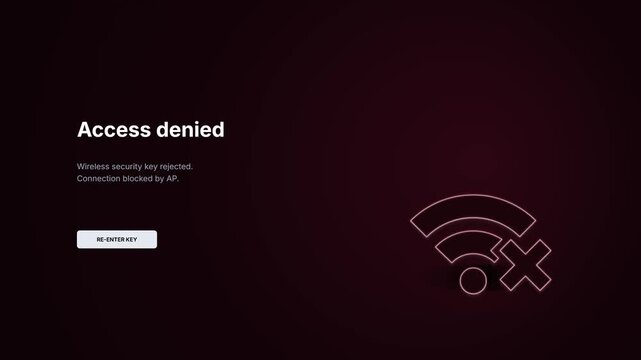 Access denied security alert interface. Glowing red wifi error icon animation. Wireless network key rejected prompt. Cybersecurity blocking system message. Neon ui dashboard screen. web template