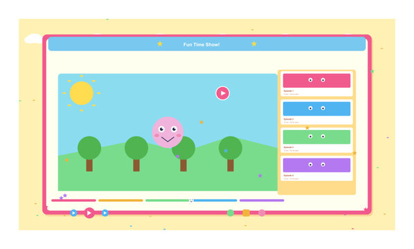 Childrens video streaming interface with a cute pink character in a landscape, episode list, and playback controls in a colorful, playful design