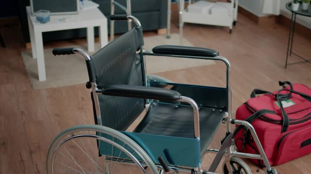 Wheelchair in clinic representing healthcare accessibility and mobility
