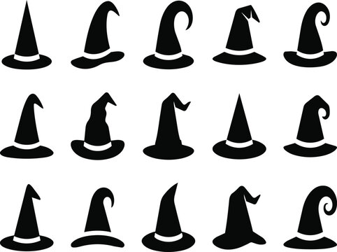 Set of black witch hats with different pointy styles