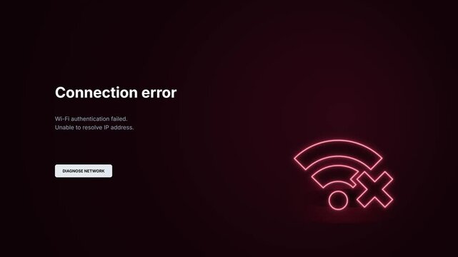 Connection error network notification interface. Glowing red wifi icon failure animation. Wi-Fi authentication failed message screen. Internet troubleshooting system prompt. Neon ui dashboard layout. 