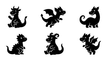 Fototapeta premium Cute Dragon Silhouettes Vector Set, Mythical Creature Icons, Fantasy Animal Graphics, Children's Illustration Elements
