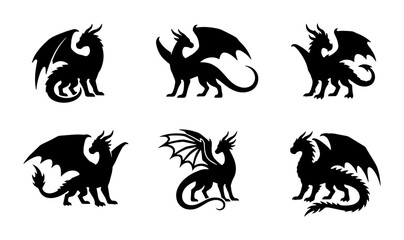 Fototapeta premium Dragon Silhouettes Set, Mythical Creature Vector Icons, Fantasy Beast Graphics, Black Fantasy Art