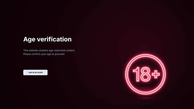 Age verification website interface screen. Animated glowing red neon 18 plus sign. Restricted adult content access popup dialog template. Security confirmation button UI component. Modern web design.
