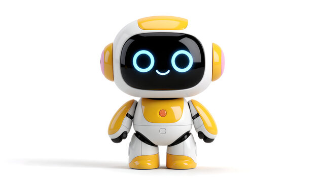 A cute small white and yellow robot with glowing blue eyes standing on a white background.