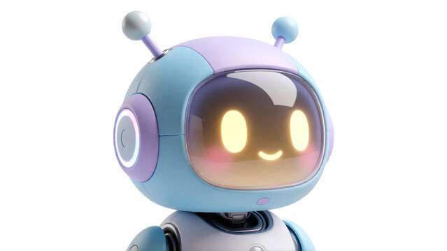 A cute friendly robot character with glowing eyes and antennas isolated on white background.