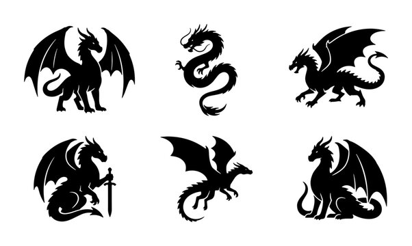 Mythical Dragon Silhouettes, Fantasy Creature Vector Icons, Legendary Beast Graphics, Ancient Lore Art