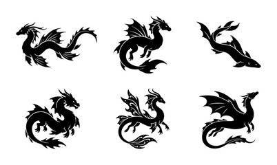 Fototapeta premium Mythical Dragon Silhouettes, Fantasy Creature Icons, Ancient Beast Vector Set, Black and White