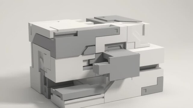 Abstract geometric cubes and shapes assembling into a complex mechanical structure, isolated on solid background, 3D animation.