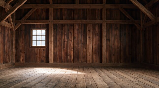 Attic interior of a rustic wooden barn with light streaming through a window onto empty timber floor and wall beams
