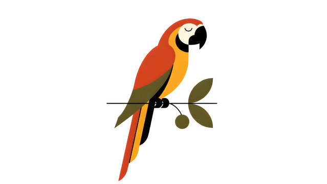 Minimalist vector illustration of a colorful parrot perched on a simple branch.