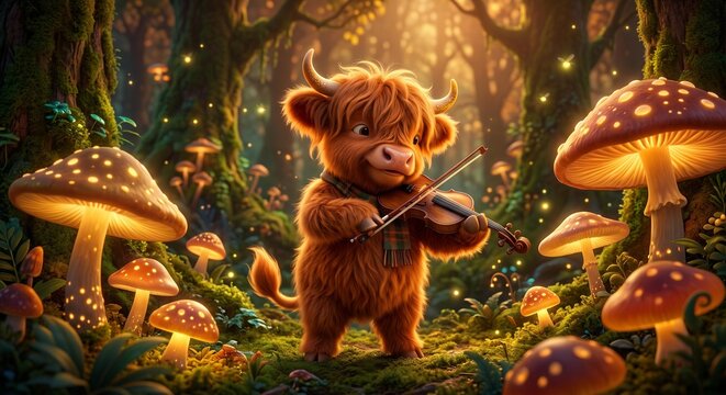Cute Highland Cow Cartoon Playing Violin in Enchanted Forest