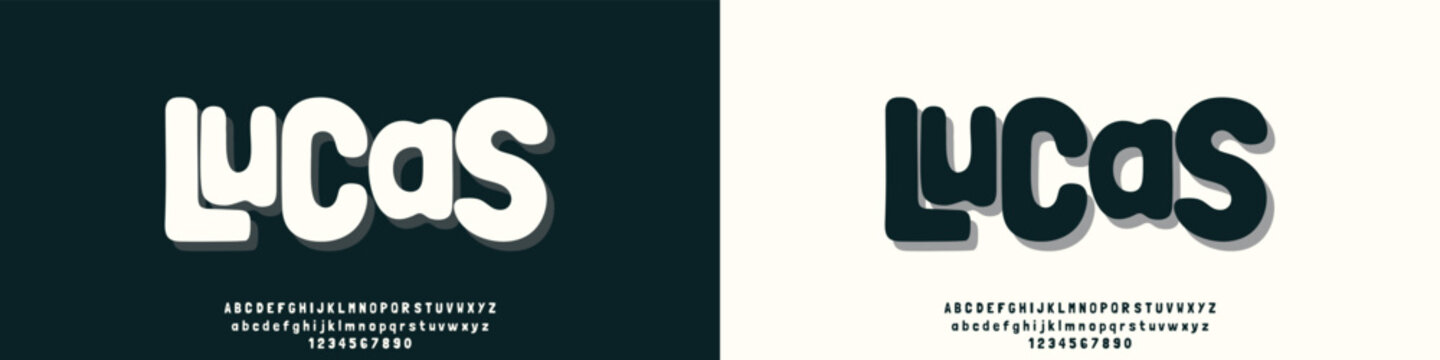 Lucas is a bold, modern, and playful display vector font featuring rounded chunky letterforms with a clean drop shadow effect. Great for children's books, branding, stickers, t-shirt graphics, logo