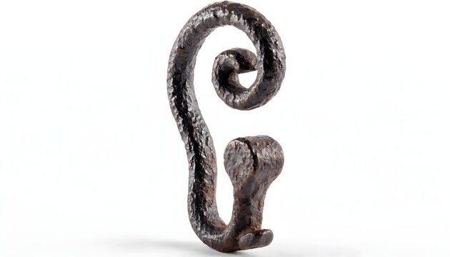 Wrought iron hook features a scrolled decorative design isolated on a plain white background.