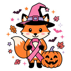 Fototapeta premium Cute Fox Witch with Pink Ribbon and Pumpkin - Halloween Breast Cancer Awareness Autumn Illustration