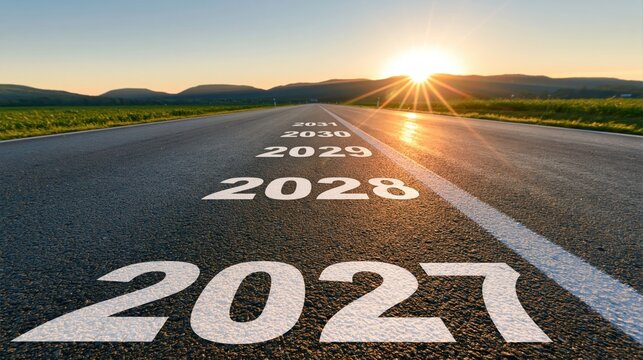 Future road with years 2027 2028 2029 2030 painted for planning progress success goal vision strategy development