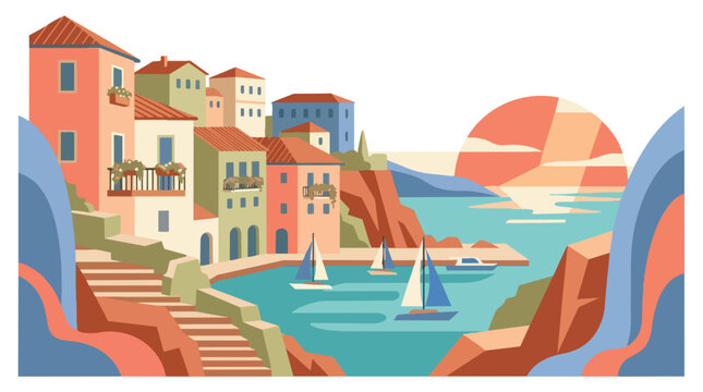 Coastal village with colorful Mediterranean houses and sailing boats in the bay.
