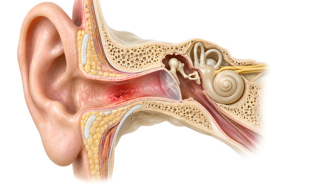 Otitis externa external ear canal medical 3D render showing localized inflammation with intact eardrum and preserved anatomy for healthcare education, audiology communication, and clinical web design
