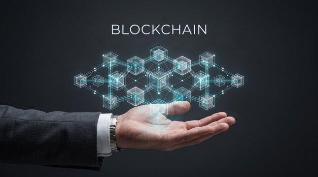 A businessman holding a glowing digital blockchain network structure representing modern financial technology and decentralized data systems