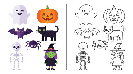 Obraz premium Halloween Icons Set: Ghost, Pumpkin, Cat, Witch, Skeleton, Bat, Spider - Color & Outline