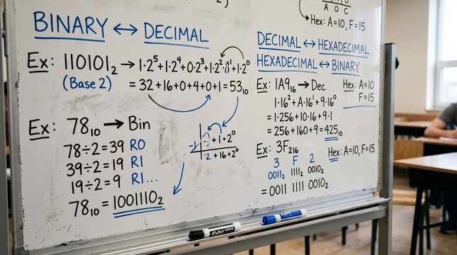 Whiteboard showing binary decimal and hexadecimal number conversion examples
