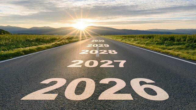Future years 2026 to 2030 painted on an asphalt road leading toward a bright sunrise concept for progress and goal