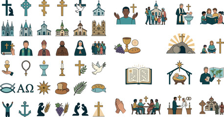 Obraz premium Vector mega collection of Christian religion icons church buildings bible scripture elements and faith community characters