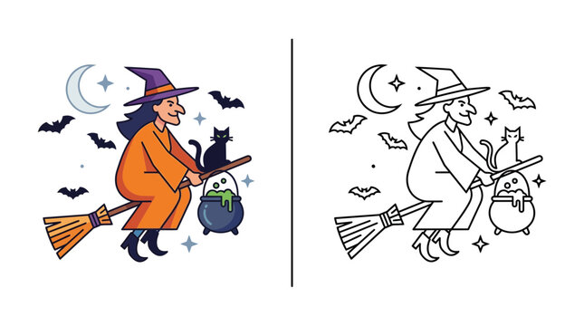 Witch Flying Broomstick with Black Cat and Potion, Halloween Illustration