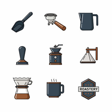 Coffee roasting tools and equipment illustration set