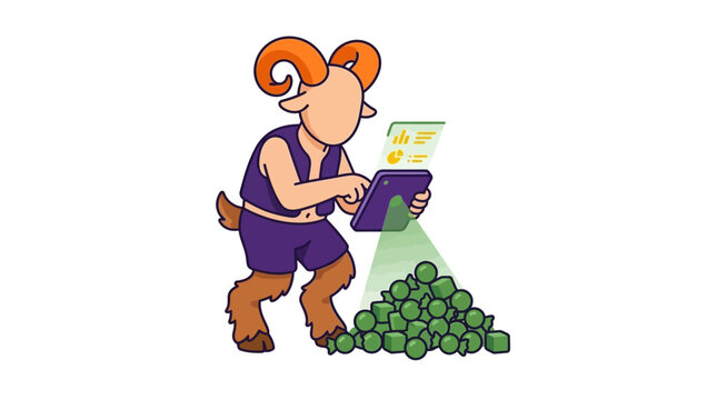 Anthropomorphic ram character wearing purple clothes on white background